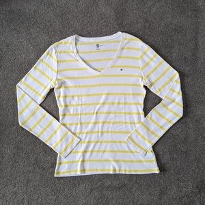 Tommy Hilfiger Yellow Striped Long Sleeve Tee - Medium V neck Cotton